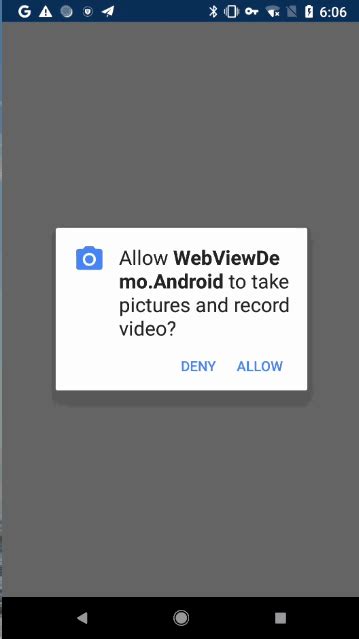 Description I am trying to open webtrc web application in webview everything is working except camera permission is allowed inside webview application however app has the camera permission Steps to Reproduce I tried the below link as wel. . Xamarin webview camera permission